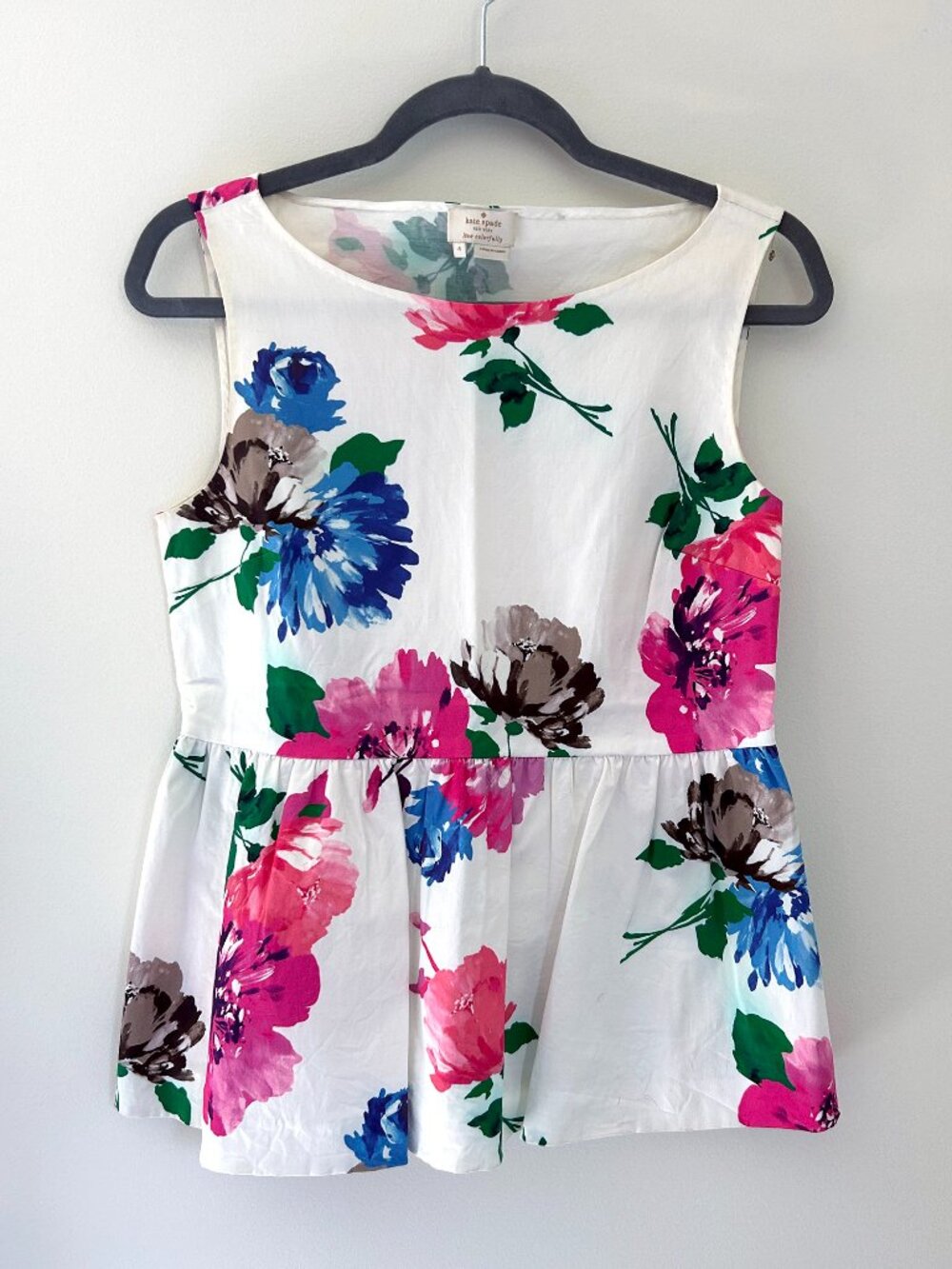 Kate Spade Floral Cotton Poplin Blouse with Boat Neck and Peplum Size 4